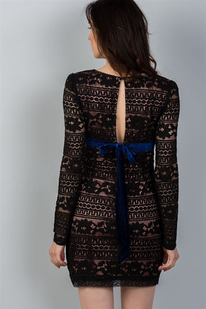 Ladies fashion black & navy velvet back-tie floral lace mini dress