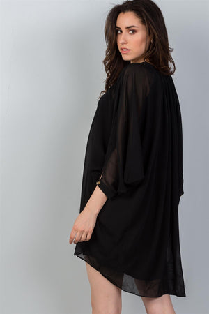 Ladies fashion v neckline black batwing sleeves ruched front mini dress