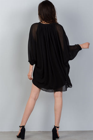 Ladies fashion v neckline black batwing sleeves ruched front mini dress