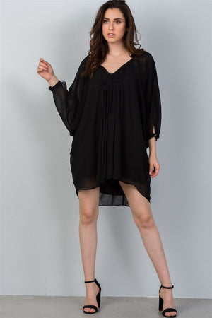 Ladies fashion v neckline black batwing sleeves ruched front mini dress