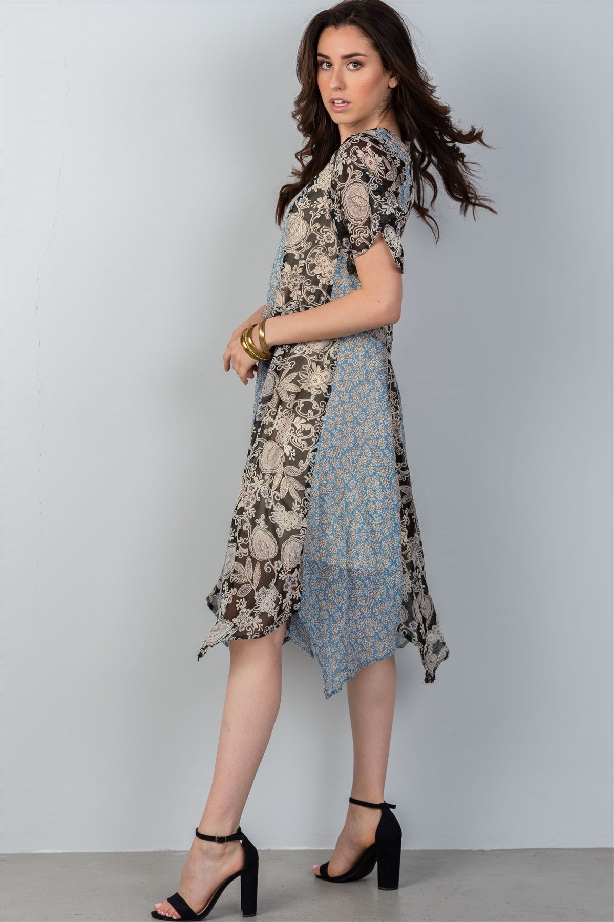 Ladies fashion bohemian mix and match floral print midi dress