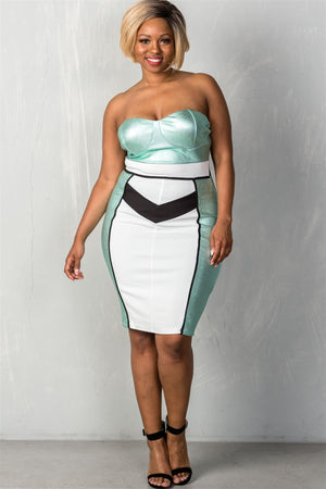 Ladies fashion plus size mint & white colorblock strapless bustier  midi dress