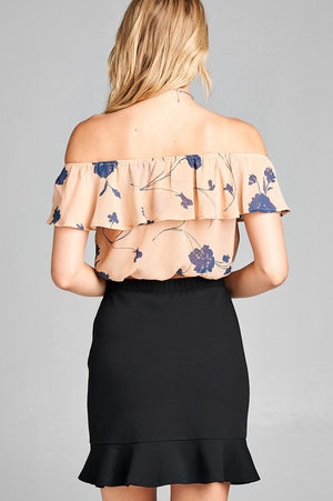 Ladies fashion off the shoulder w/ruffle elastic hem floral print crop woven top
