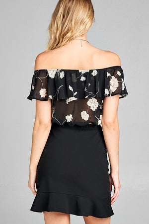 Ladies fashion off the shoulder w/ruffle elastic hem floral print crop woven top