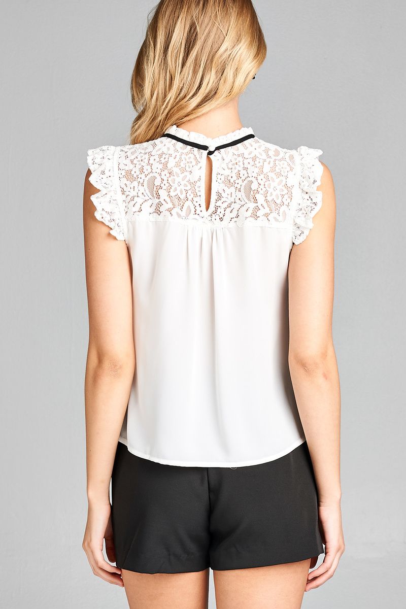 Ladies fashion ruffle sleeve lace yoke detail w/contrast self tie woven top