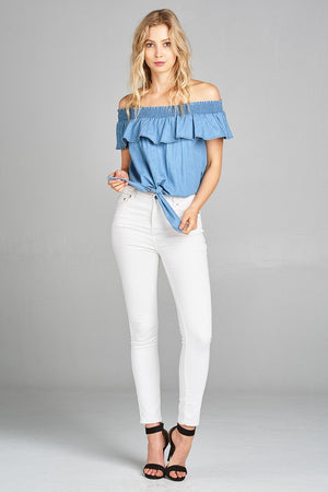 Ladies fashion plus size off the shoulder w/smocked ruffle front self tie chambray top