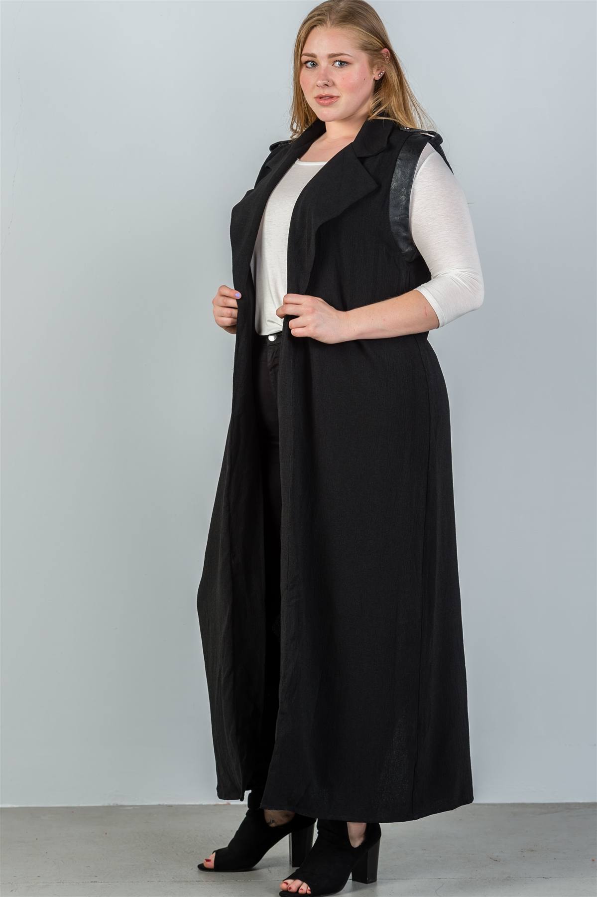Ladies fashion plus size black faux leather armhole open-front longline vest