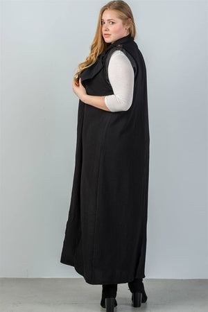 Ladies fashion plus size black faux leather armhole open-front longline vest