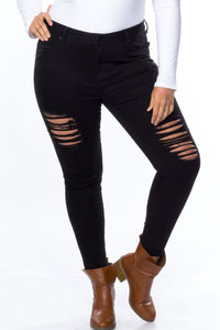 Ladies fashion plus size cotton spandex black plus size distressed skinny jeans