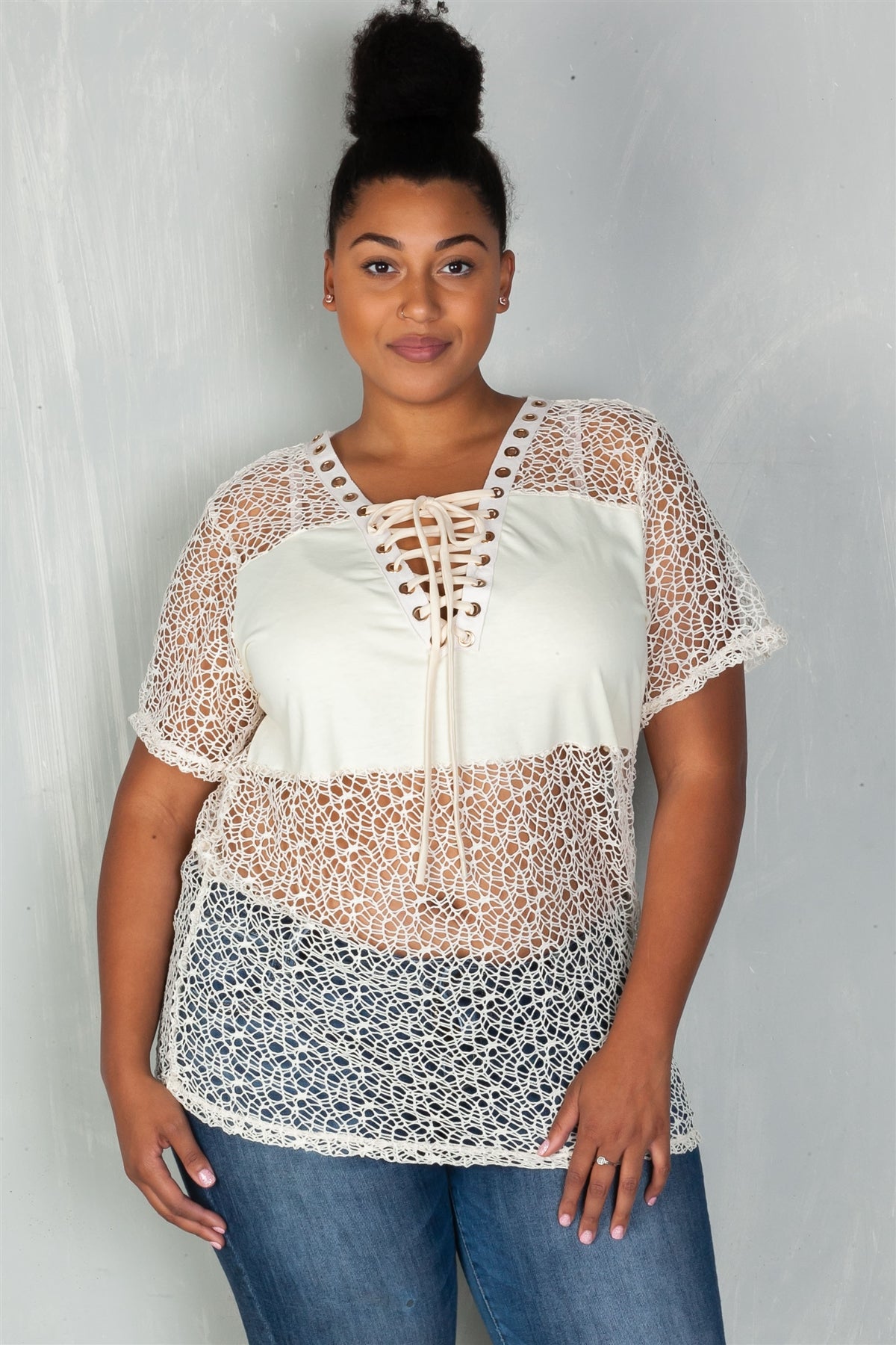 Ladies fashion plus size  solid panel crochet lace up boho top
