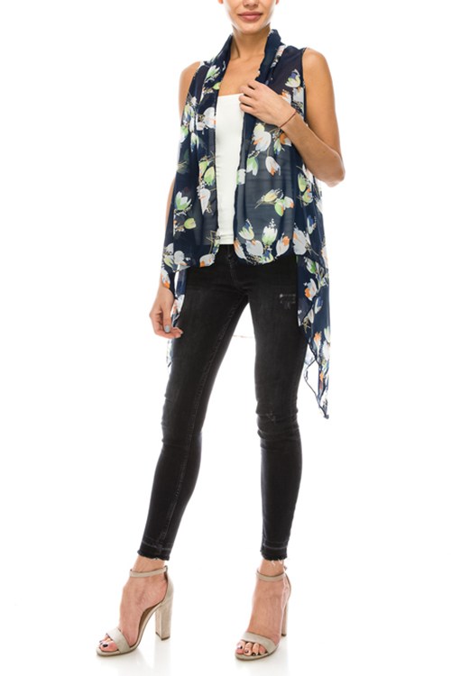 Floral print sheer open vest