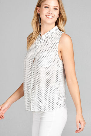 Ladies fashion sleeveless w/pocket dot print rayon challis woven top