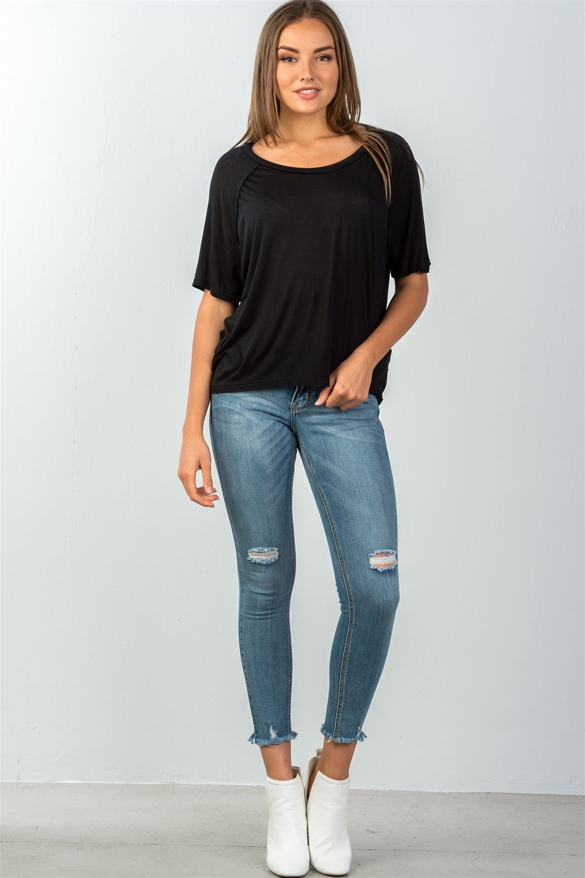 Ladies fashion scoop neckline semi sheer relaxed classic tee