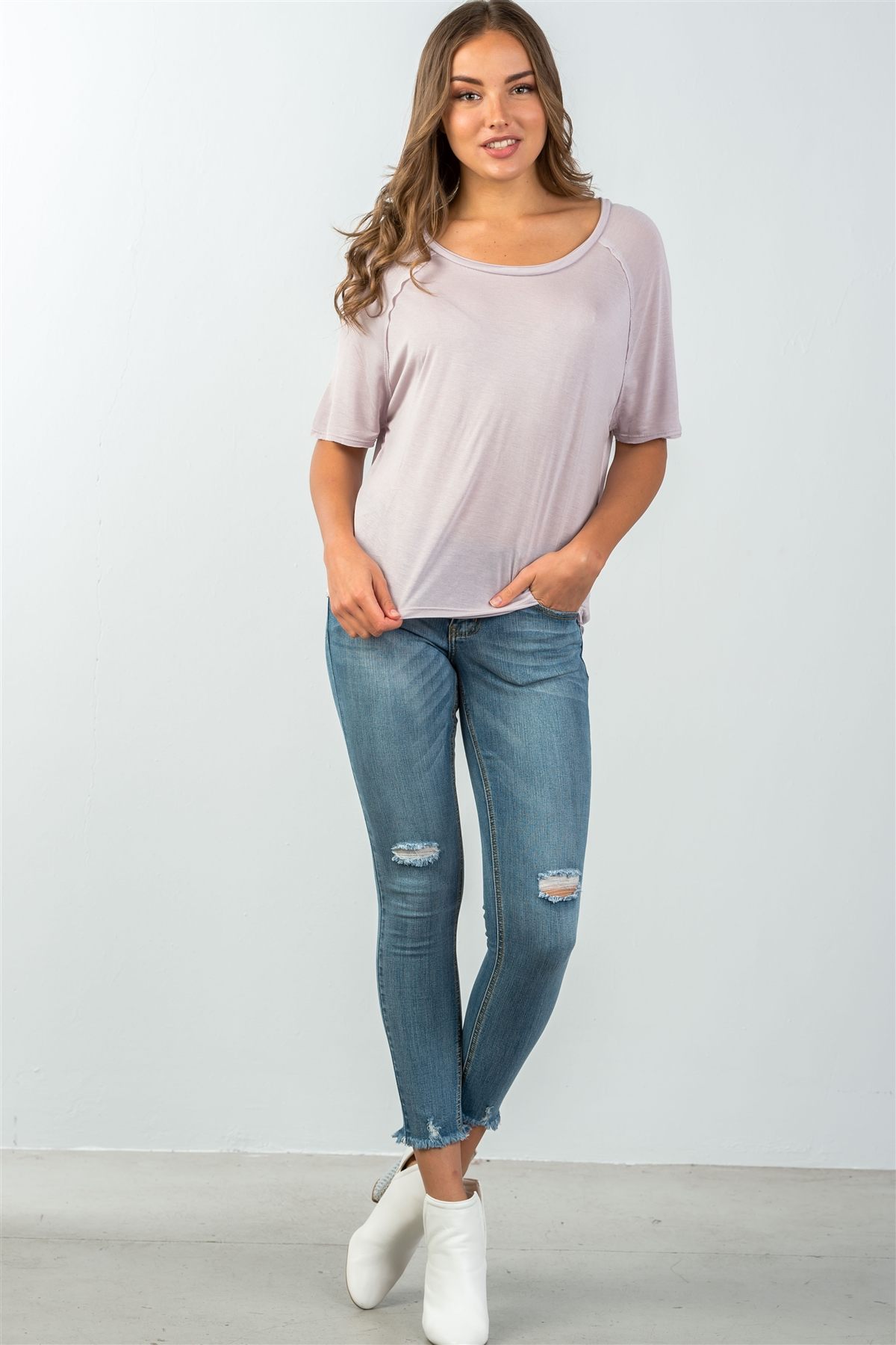 Ladies fashion scoop neckline semi sheer relaxed classic tee