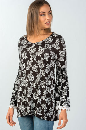 Ladies fashion floral print lace trim bell sleeves top