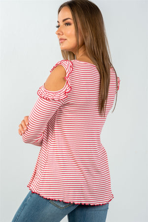 Ladies fashion long sleeve stripe ruffled cold-shoulder top