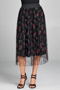 Ladies fashion elastic waist band w/accordian pleated floral print mesh midi skirt