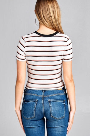 Ladies fashion short sleeve round contrast neck with knotted front crop multi stripe rayon spandex top