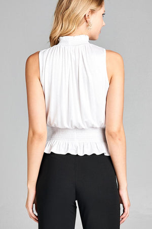Ladies fashion sleeveless neck and waist smocked detail rayon spandex top