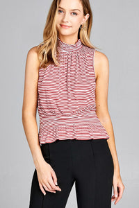 Ladies fashion leeveless neck and waist smocked detail stripe rayon spandex top