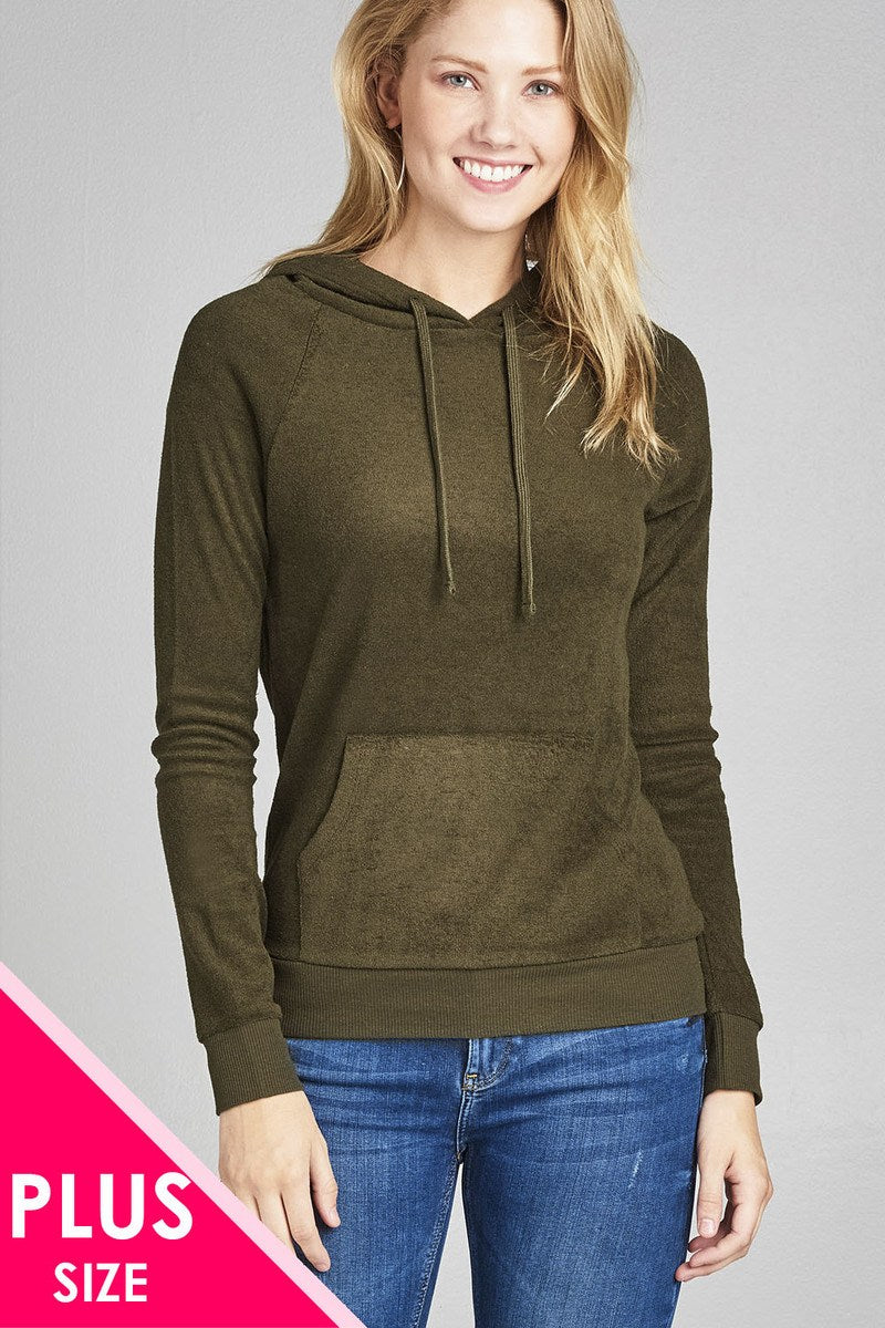 Ladies fashion plus size long sleeve hoodie pull over w/kangaroo pocket french terry top