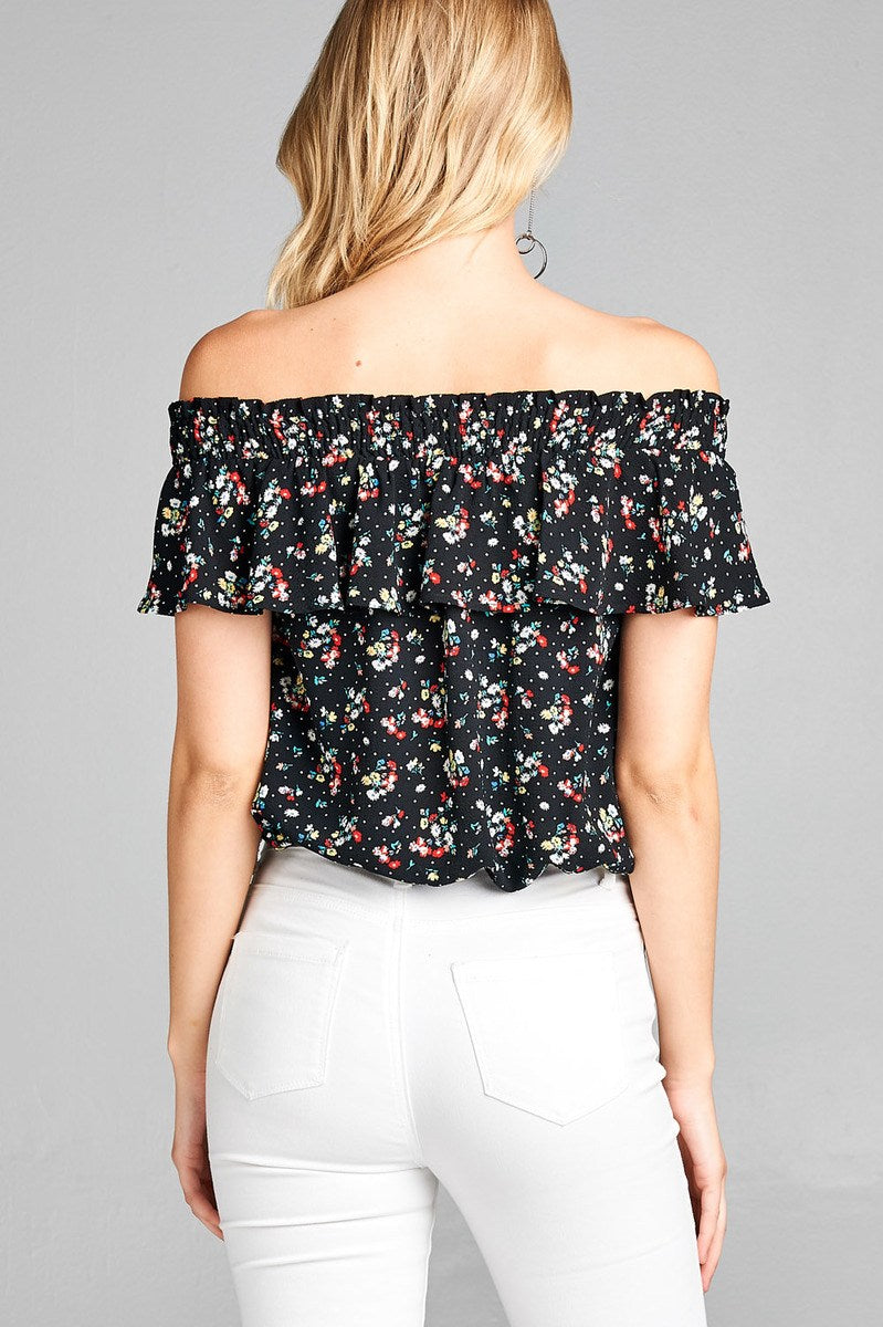 Ladies fashion off the shoulder smocked detail w/ruffle front self tie floral print crepe woven top