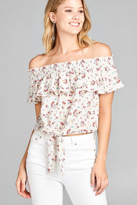 Ladies fashion off the shoulder smocked detail w/ruffle front self tie floral print crepe woven top