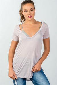 Ladies fashion relax fit curved-hem scoop-neck tee
