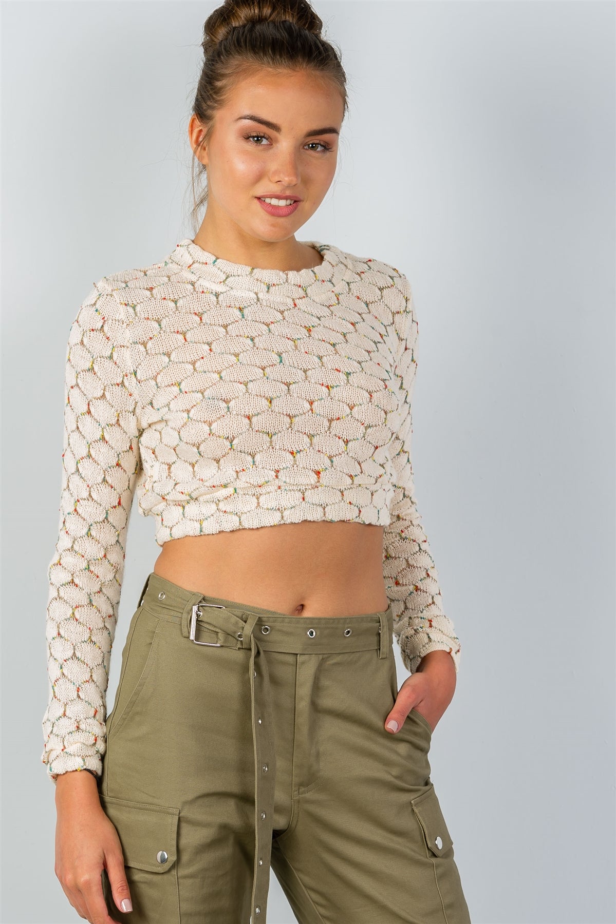 Ladies fashion round neckline hexagon print crop pullover