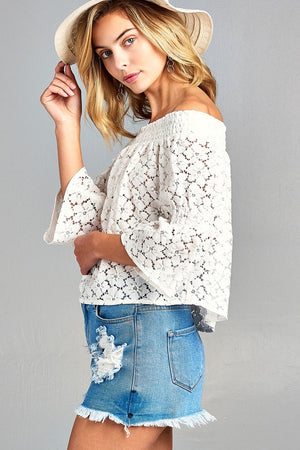 Ladies fashion off the shoulder w/smocked detail floral lace top