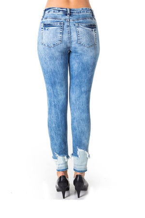 Ladies fashion denim distress capri pants with pockets