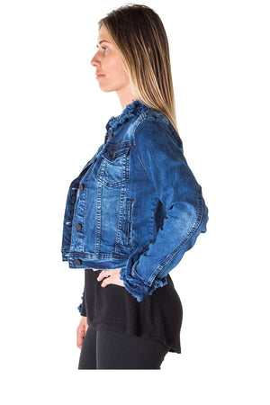 Ladies fashion cropped ruffled denim jacket