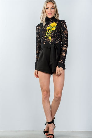 Ladies fashion high neck long sleeves floral embroidered crochet belted romper