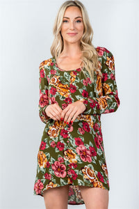 Ladies fashion long sleeve scoop neck allover floral mini dress