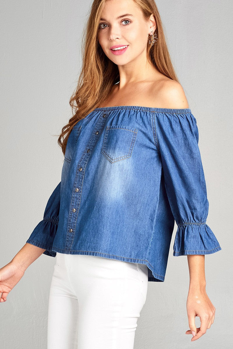 Ladies fashion 3/4 sleeve off the shoulder w/pocket button front chambray top