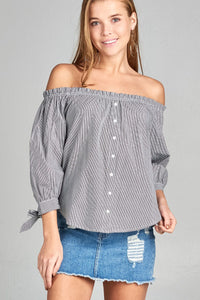 Ladies fashion sleeve tie off the shoulder stripe cotton top