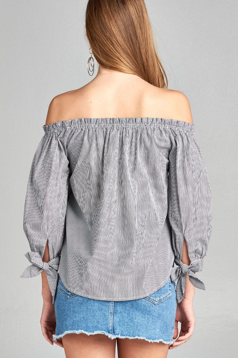 Ladies fashion sleeve tie off the shoulder stripe cotton top