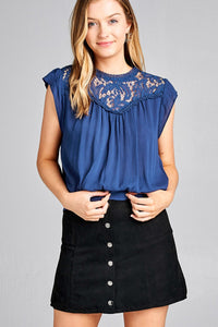 Ladies fashion ruffle sleeve front lace back button w/self tie woven top