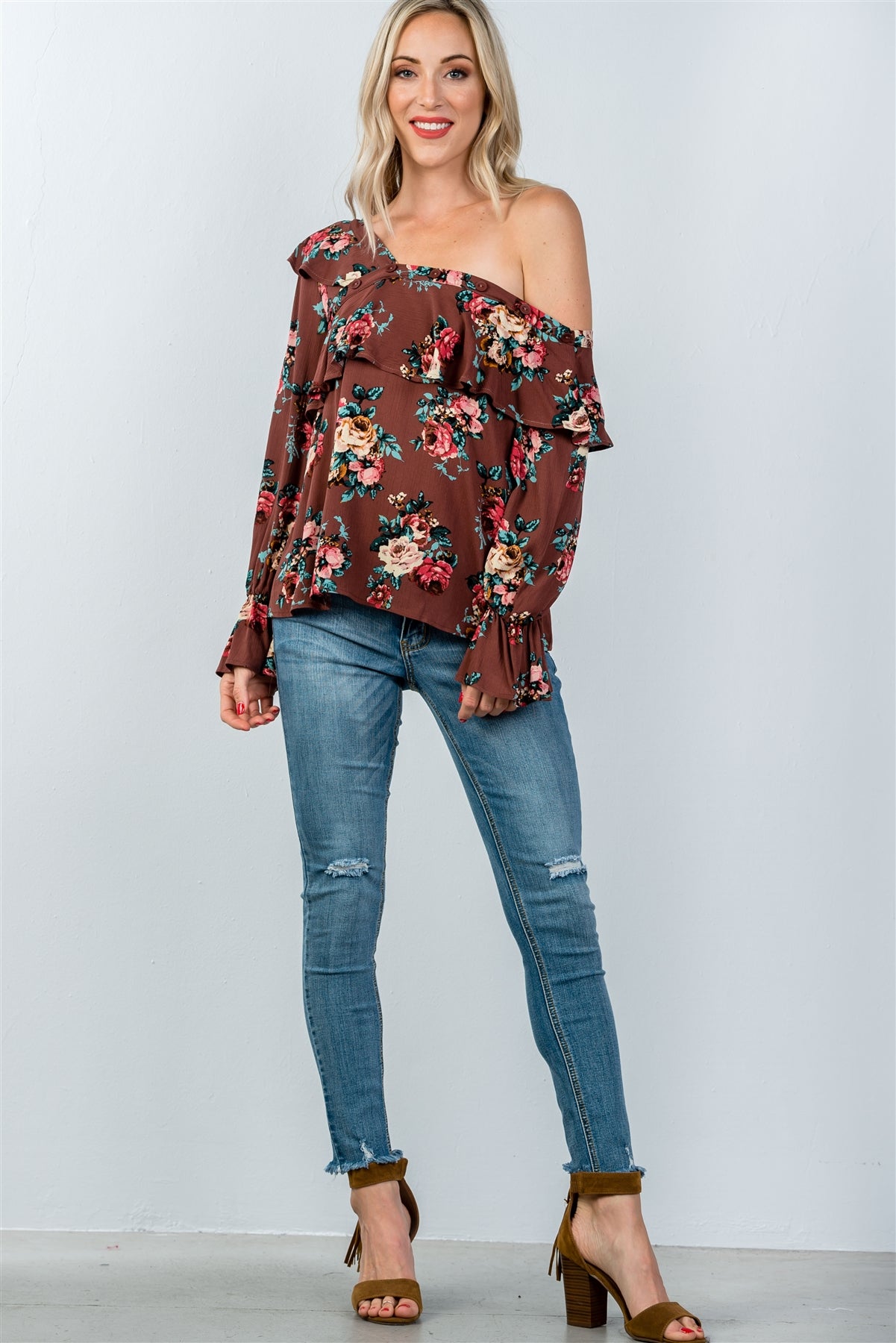 Ladies fashion mocha and floral print one shoulder ruffle blouse
