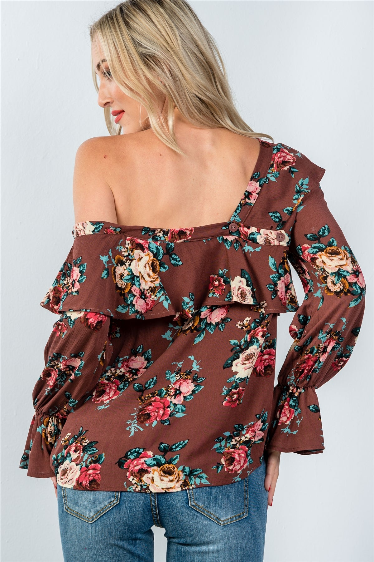 Ladies fashion mocha and floral print one shoulder ruffle blouse