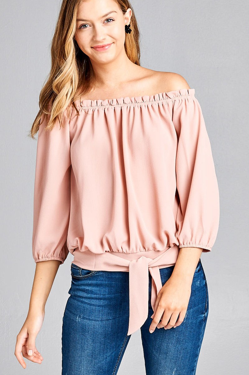 Ladies fashion 3/4 sleeve off the shoulder waist band w/front self tie back smocked detail crepe woven top