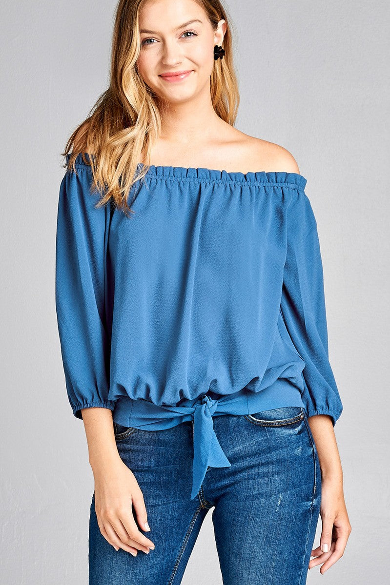 Ladies fashion 3/4 sleeve off the shoulder waist band w/front self tie back smocked detail crepe woven top