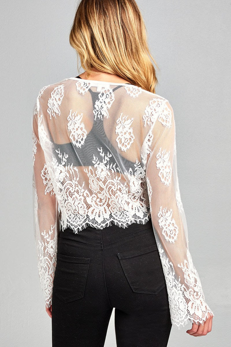 Ladies fashion long sleeve round neck scallop lace hem crop top