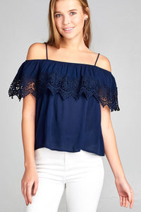 Ladies fashion open shoulder flounce w/crochet lace crinkle gauze woven top