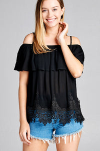 Ladies fashion flounce open shoulder w/hem crochet lace crinkle gauze woven top