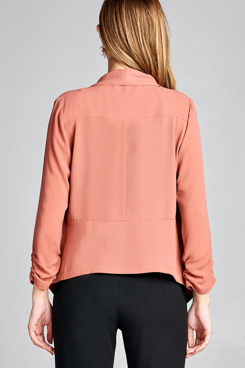 Ladies fashion shirring sleeve open front w/lapel woven jacket