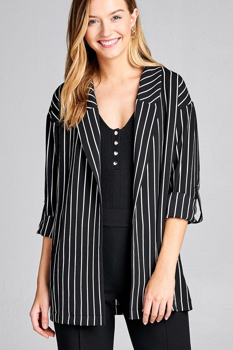 Ladies fashion 3/4 roll up sleeve open front stripe woven jacket