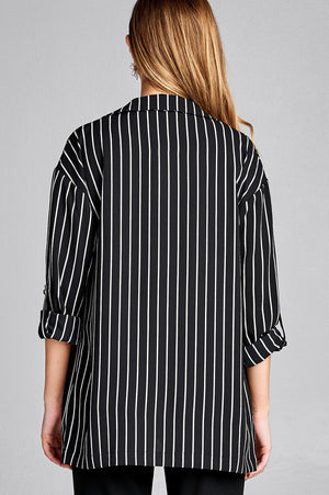 Ladies fashion 3/4 roll up sleeve open front stripe woven jacket