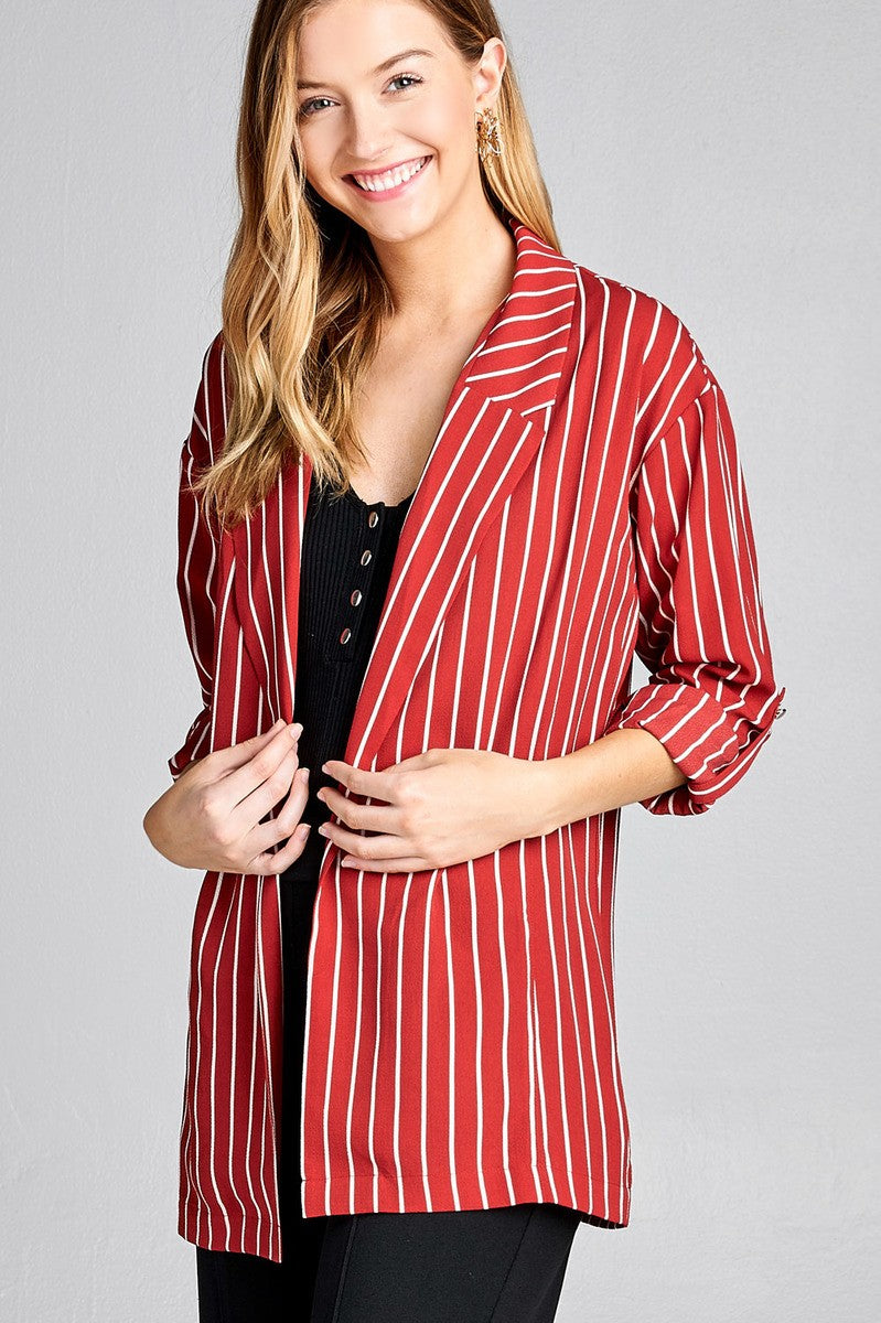 Ladies fashion 3/4 roll up sleeve open front stripe woven jacket