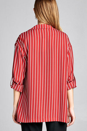 Ladies fashion 3/4 roll up sleeve open front stripe woven jacket